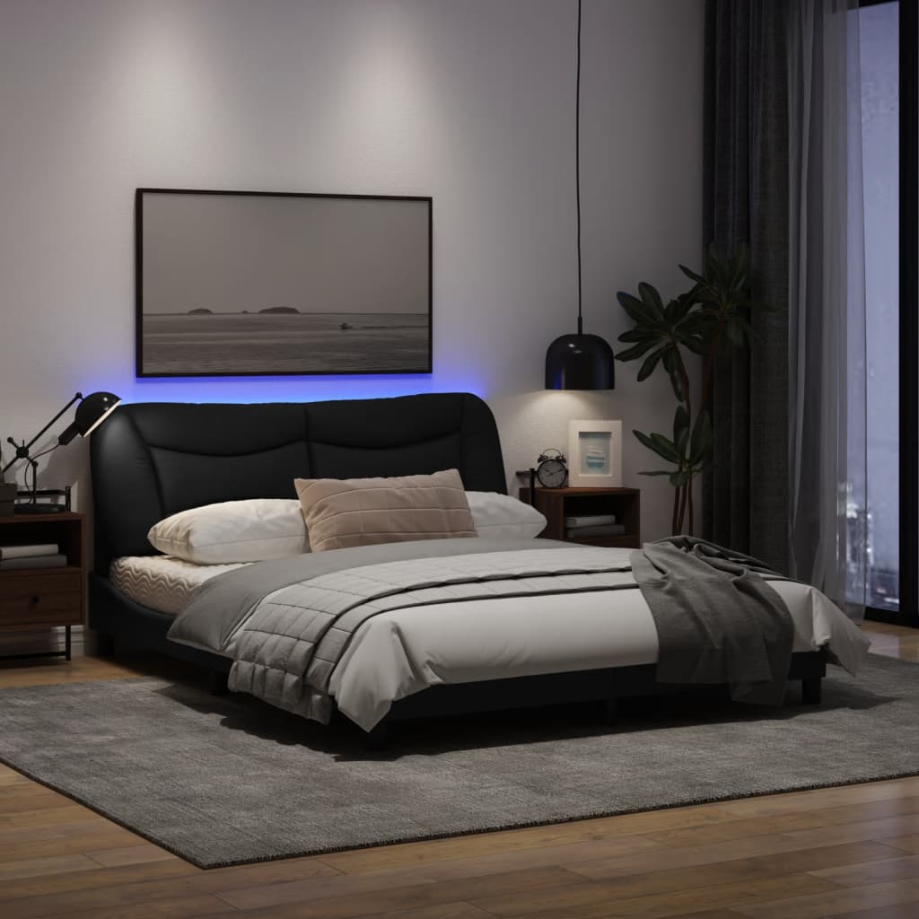Рамка за легло с LED осветление, черна, 160x200 см, плат