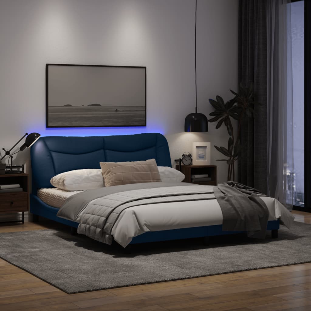 Рамка за легло с LED осветление, синя, 160x200 см, плат