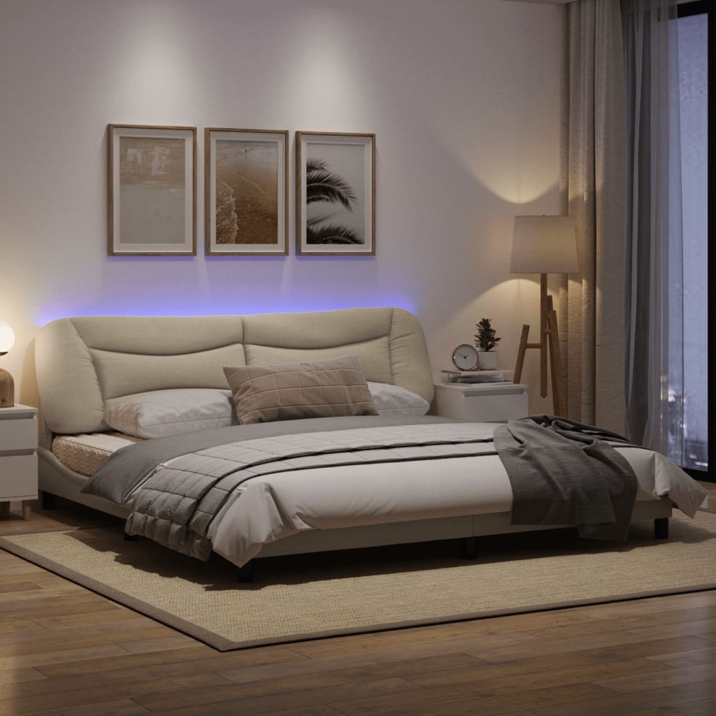 Рамка за легло с LED осветление, кремава, 200x200 см, плат
