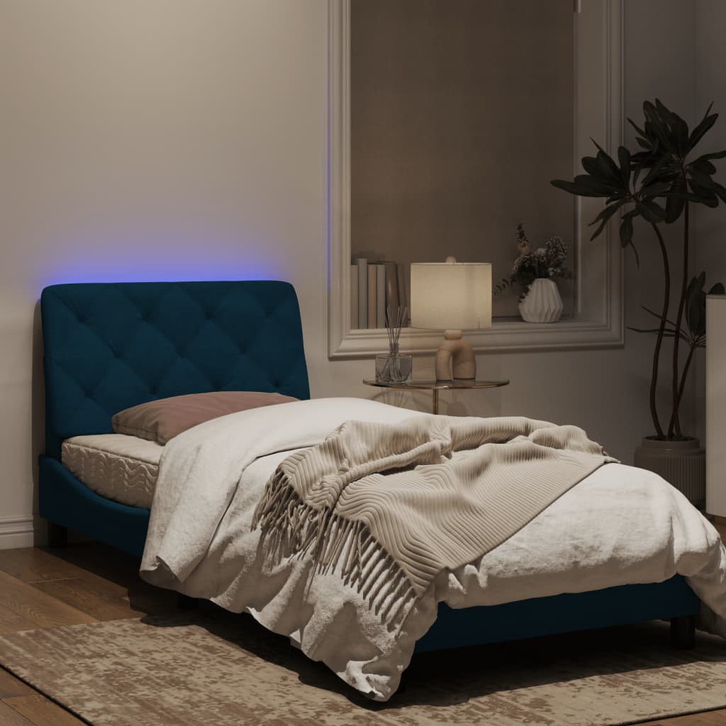 Рамка за легло с LED осветление, синя, 90x190 см, кадифе