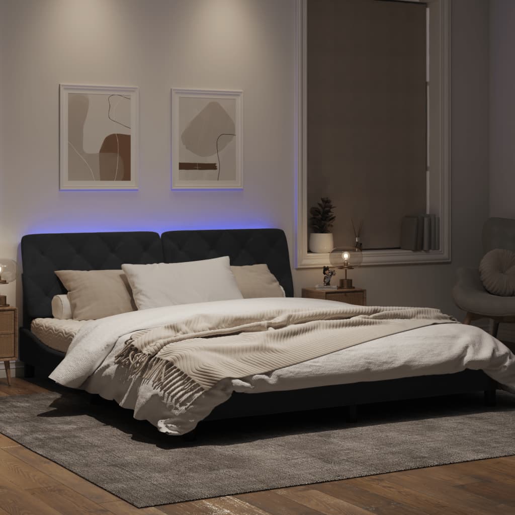 Рамка за легло с LED осветление, черна, 180x200 см, кадифе