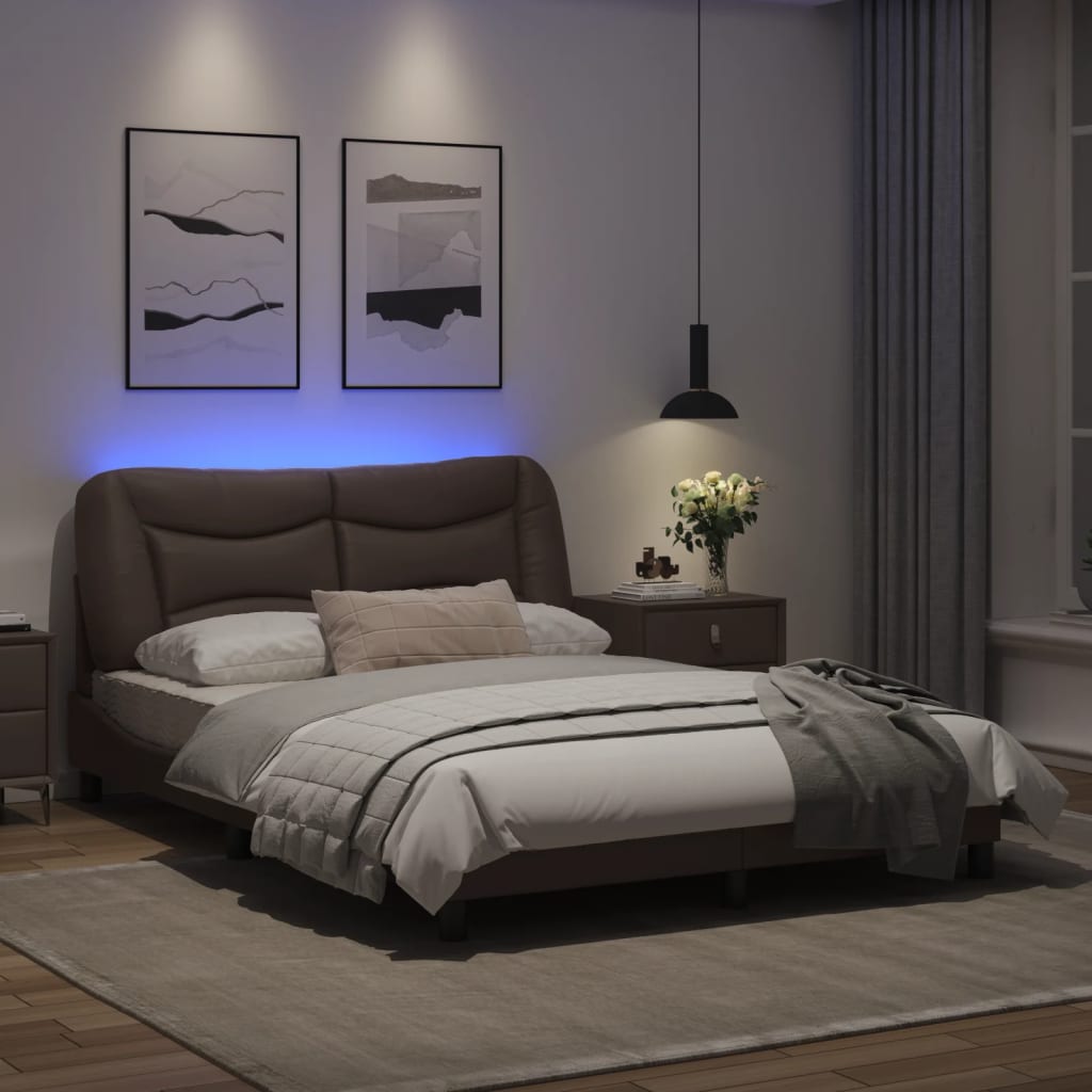 Рамка за легло с LED осветление, кафява, 120x200 см, еко кожа