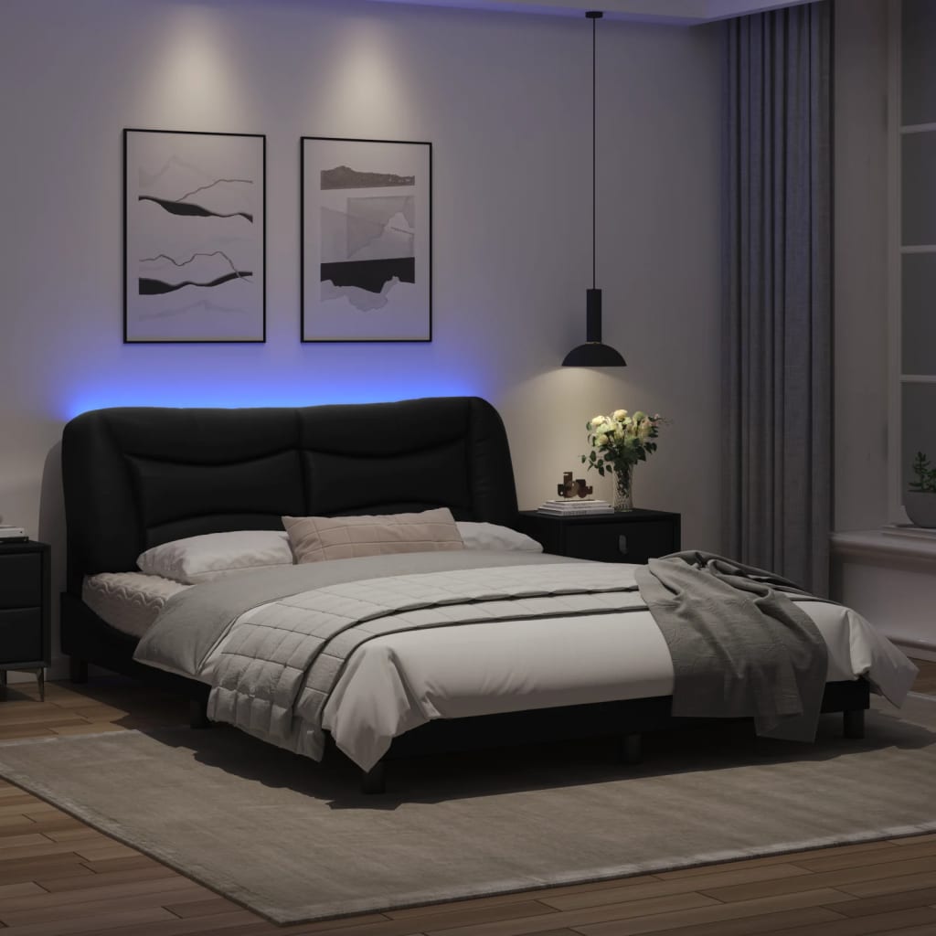 Рамка за легло с LED осветление, черна, 160x200 cм, еко кожа