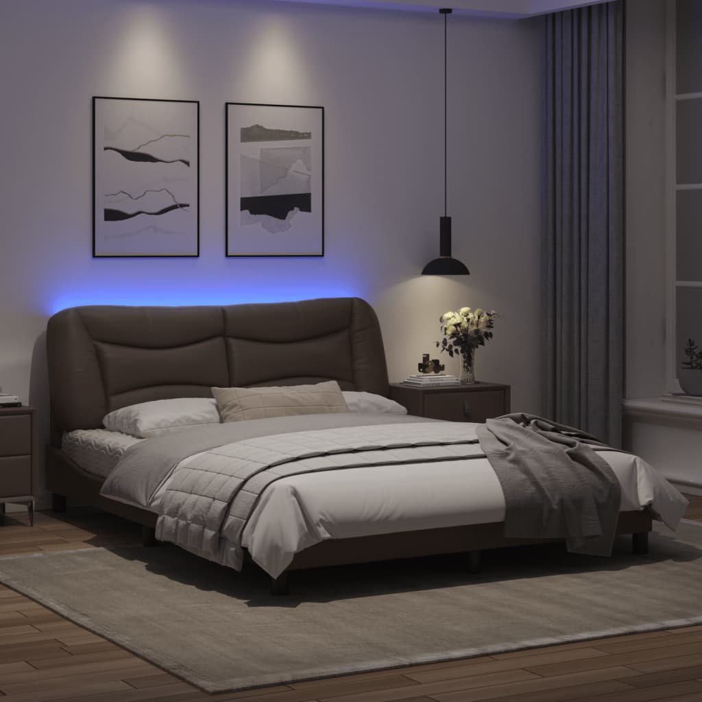 Рамка за легло с LED осветление, сива, 160x200 cм, еко кожа