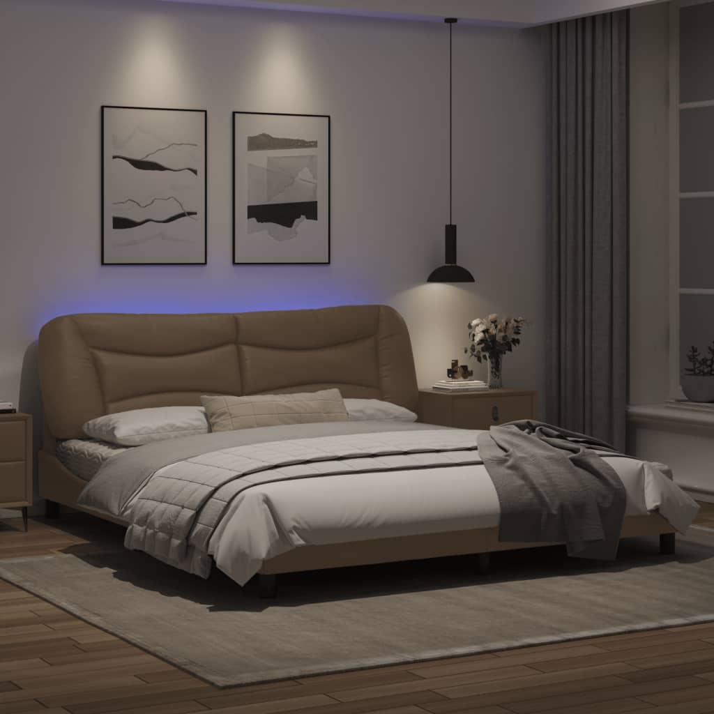 Рамка за легло с LED осветление, капучино, 180x200 см, еко кожа
