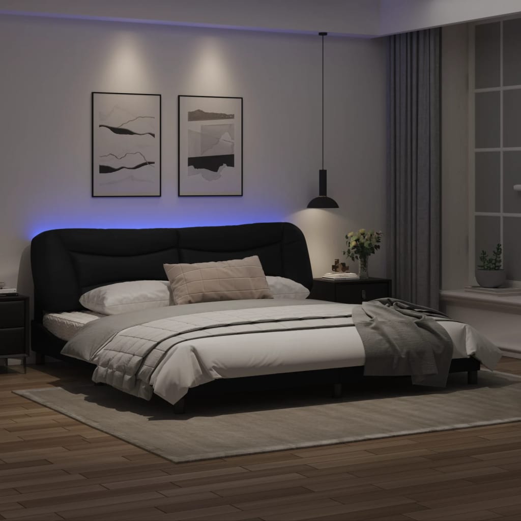 Рамка за легло с LED осветление, черна, 200x200 см, еко кожа