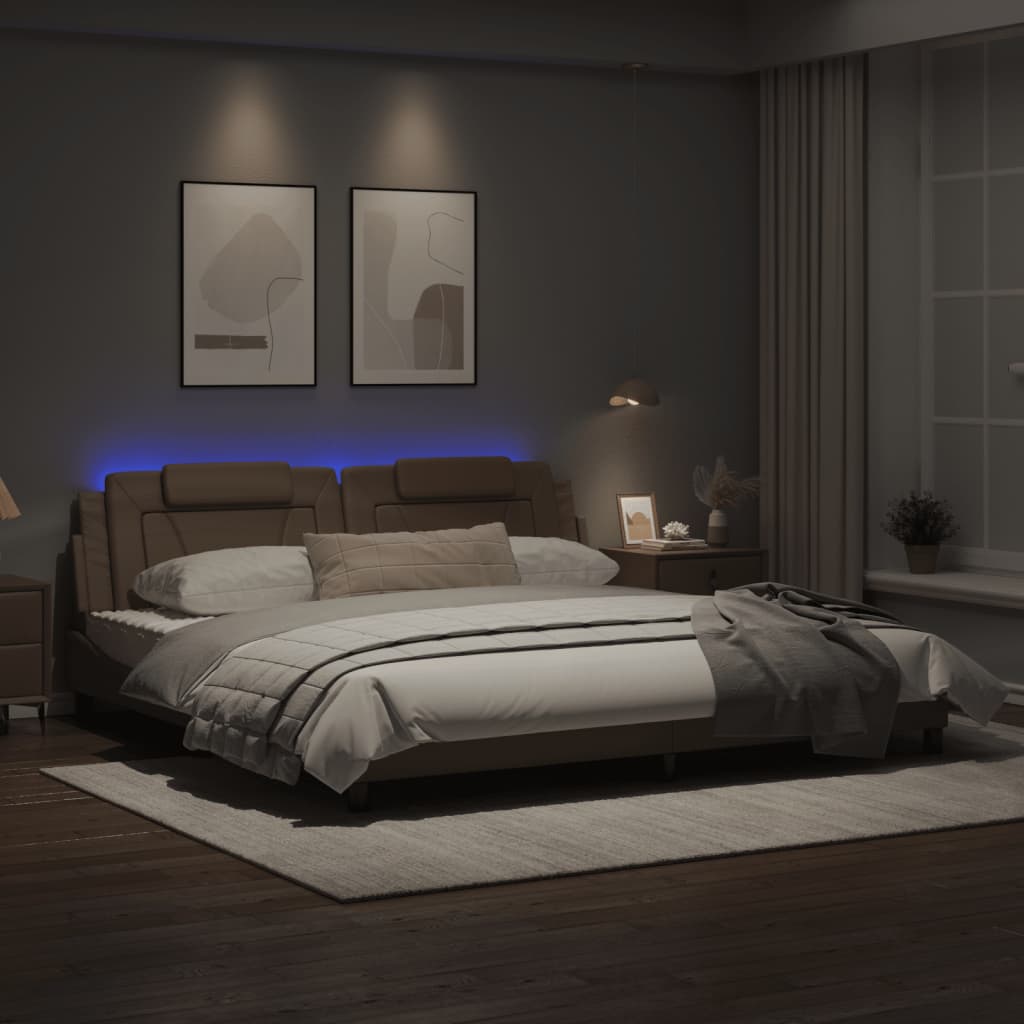 Рамка за легло с LED осветление, капучино, 200x200 см, еко кожа