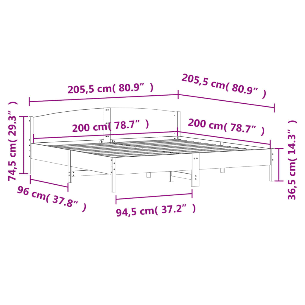 Рамка за легло с табла, 200x200 см, бор масив