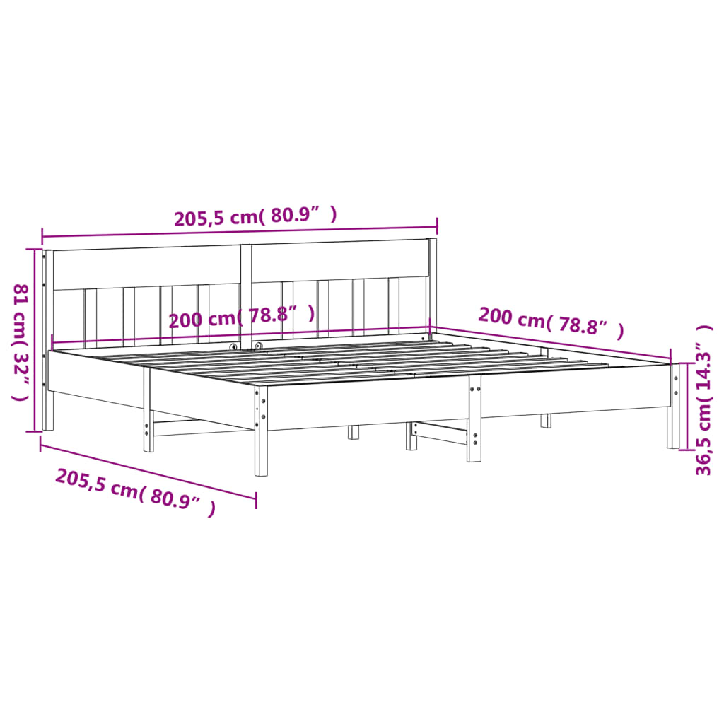 Рамка за легло с табла, 200x200 см, бор масив