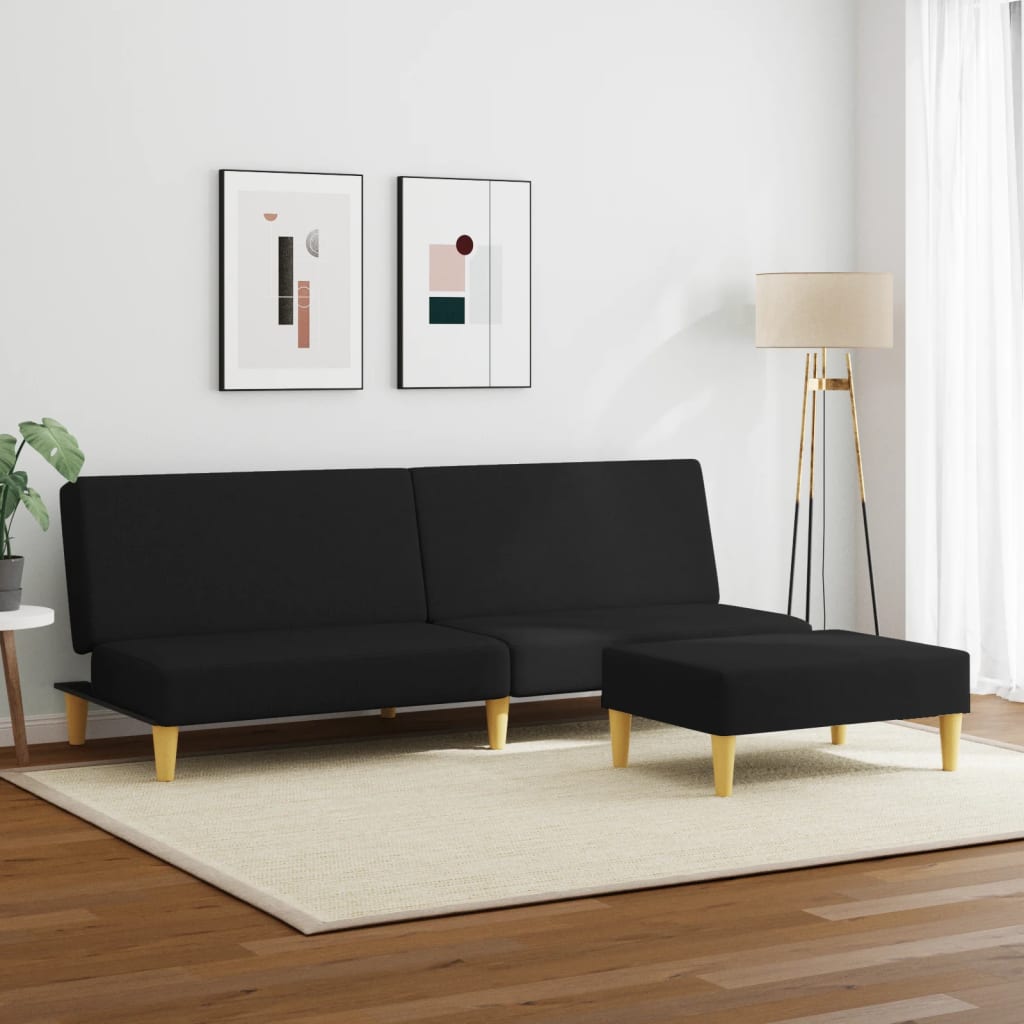 2-местен диван с табуретка, Черен, текстил