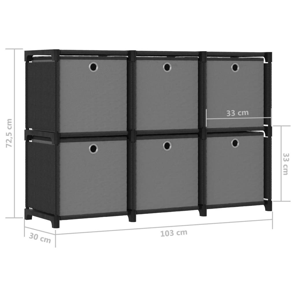 Рафт с 6 кубични отделения с кутии, черен, 103x30x72,5 см, плат