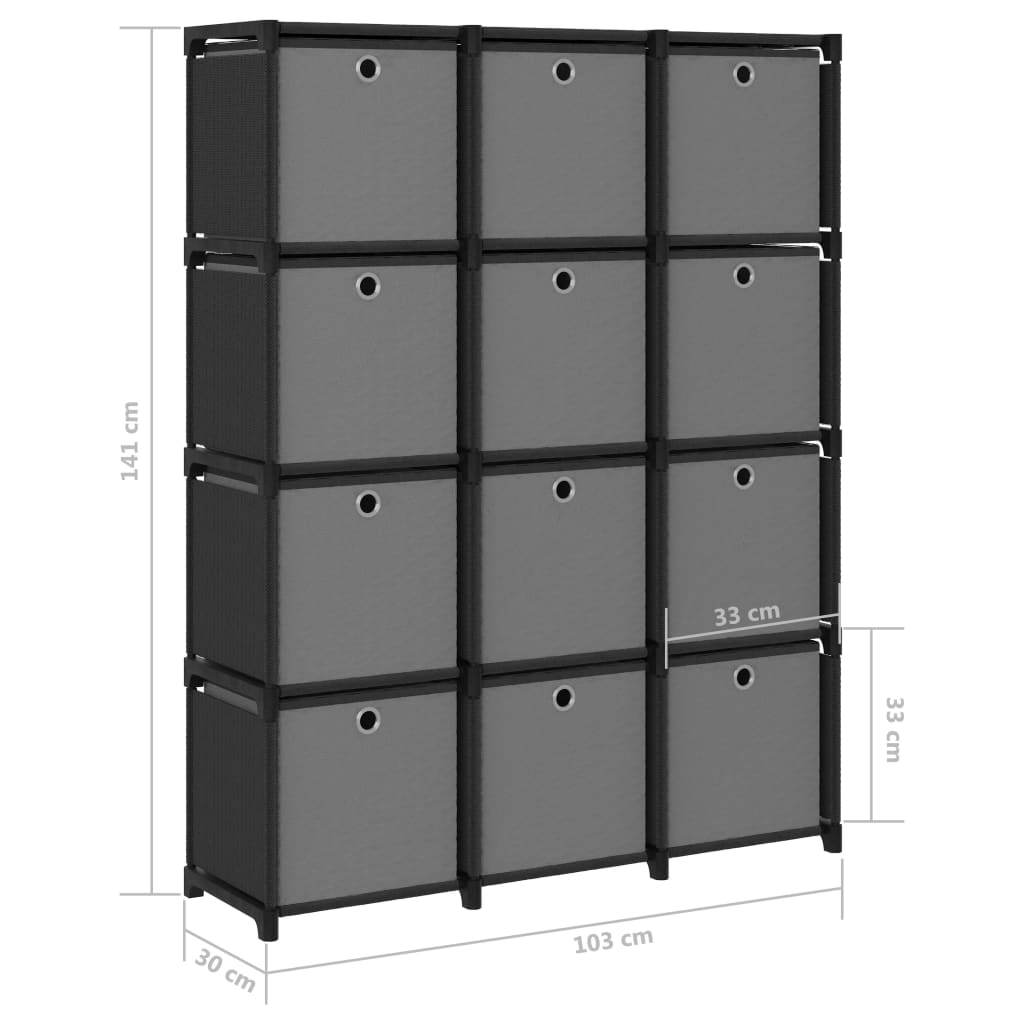Рафт с 12 кубични отделения с кутии, черен, 103x30x141 см, плат