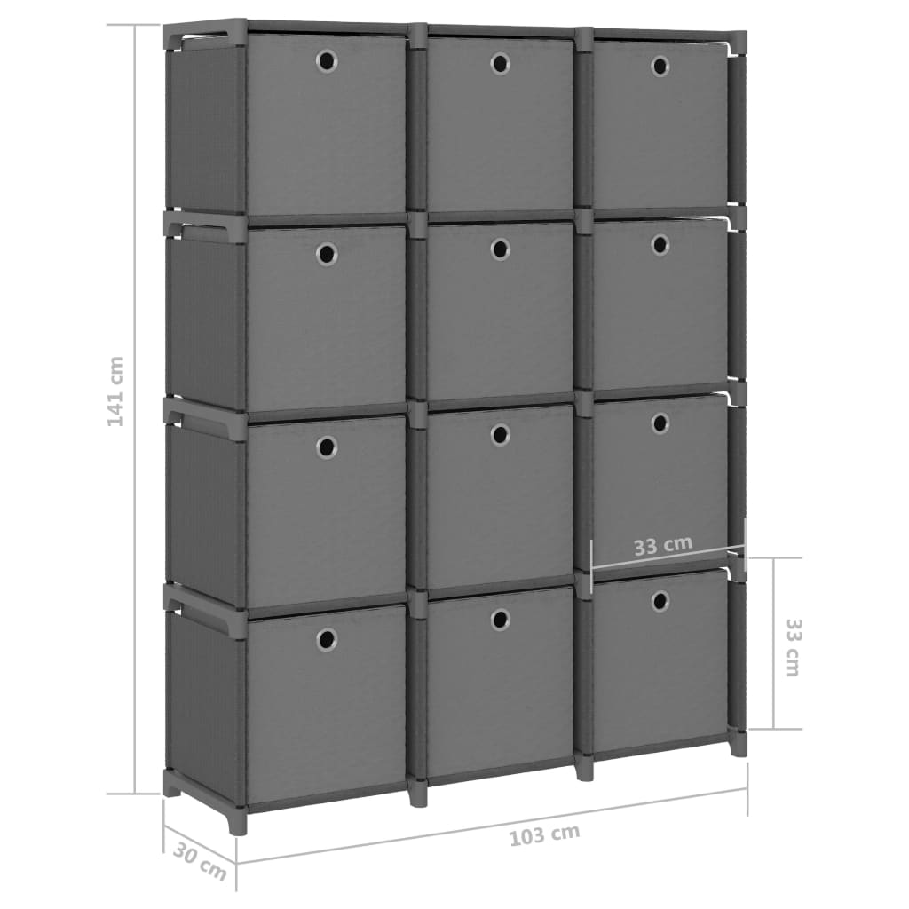 Рафт с 12 кубични отделения с кутии, сив, 103x30x141 см, плат