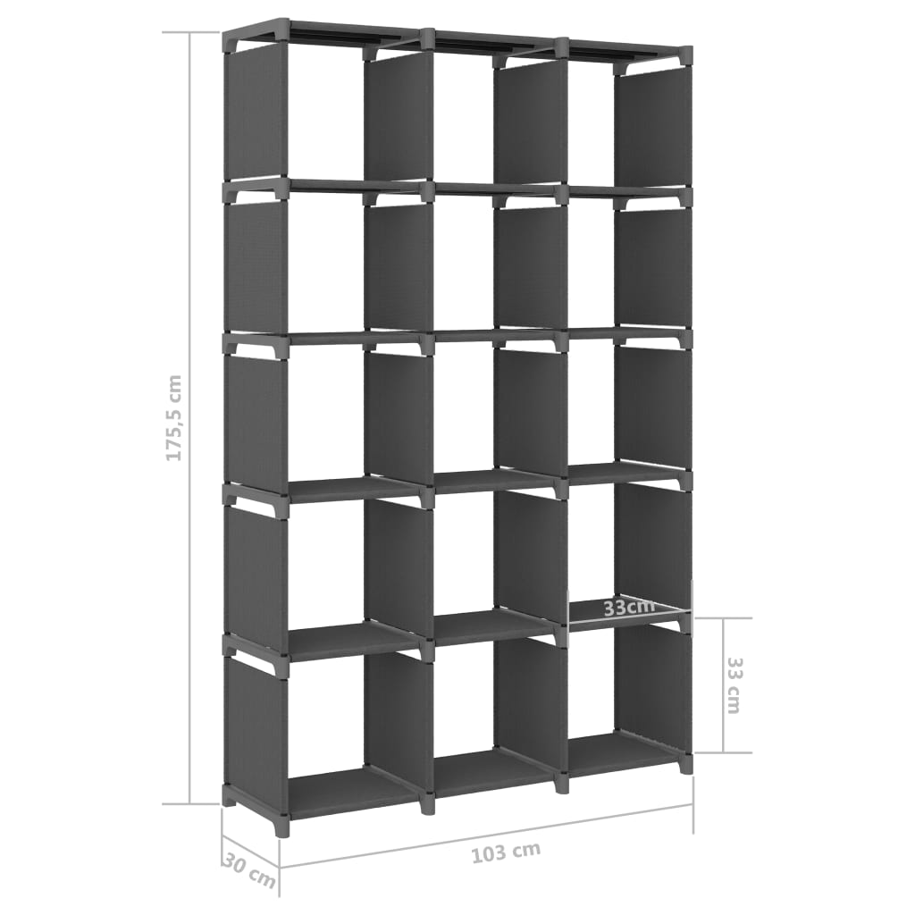 Рафт с 15 кубични отделения, сив, 103x30x175,5 см, плат