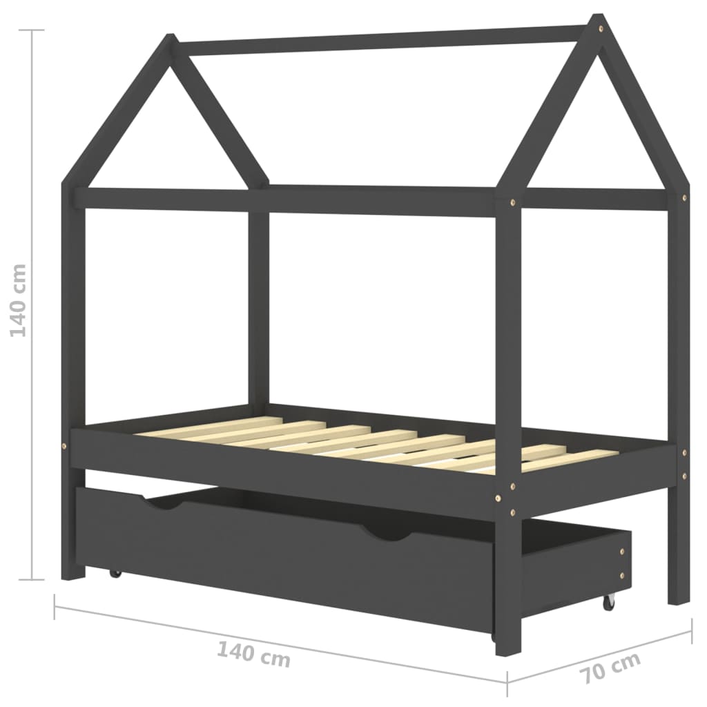 Рамка за детско легло с чекмедже тъмносива бор масив 70х140 см