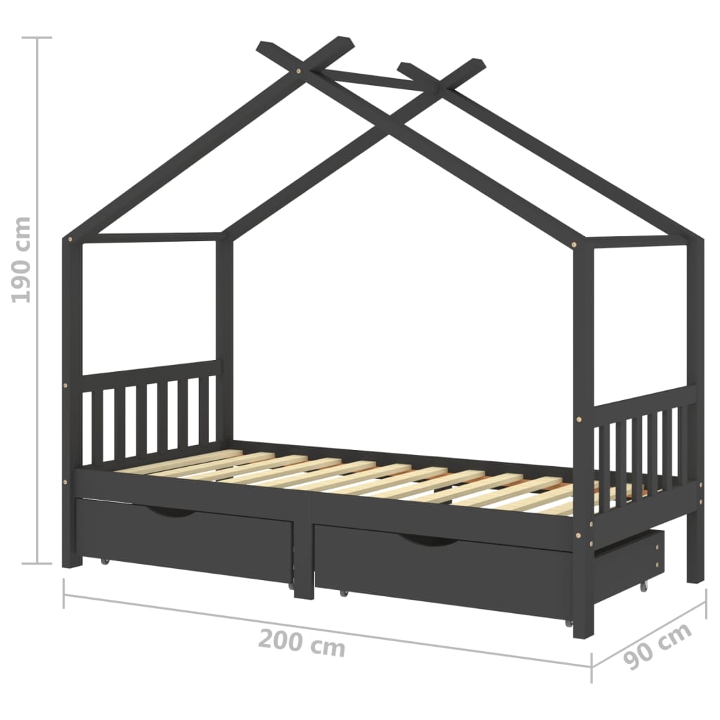 Рамка за детско легло чекмеджета тъмносива бор масив 90х200 см