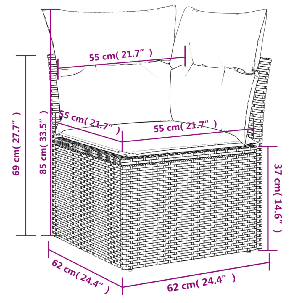 Градински диван с възглавници, 6 части, полиратан, сив
