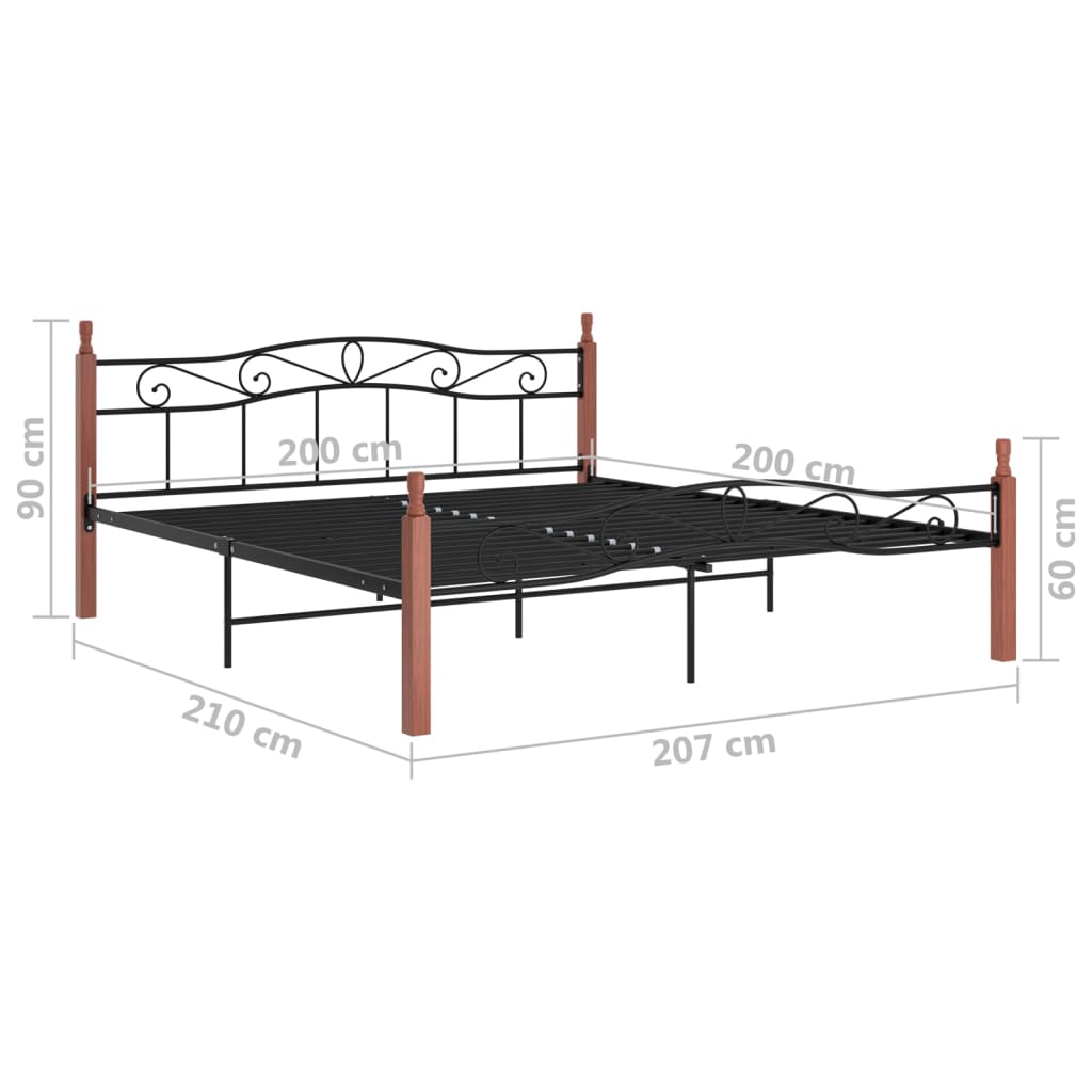 Рамка за легло, черна, метал и дъбов масив, 200x200 см