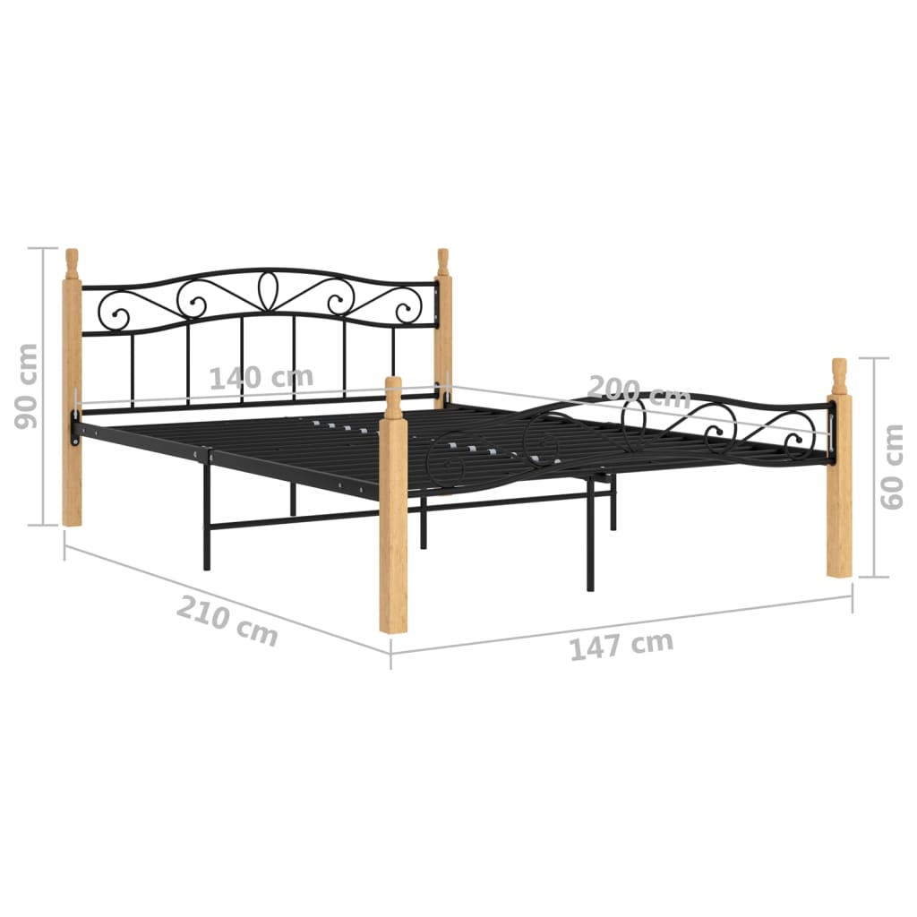 Рамка за легло, черна, метал и дъбов масив, 140x200 см
