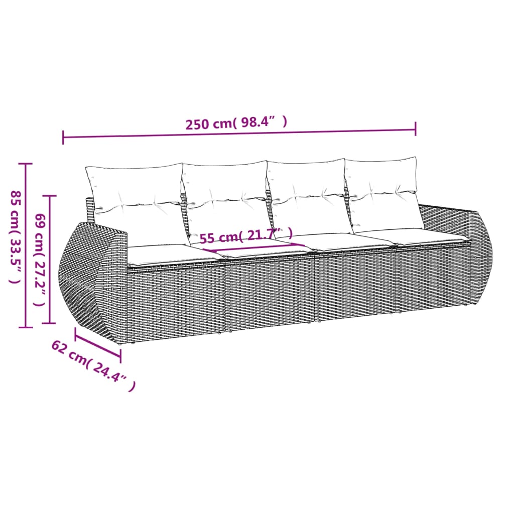 Градински диван от 4 части с възглавници, черен, полиратан