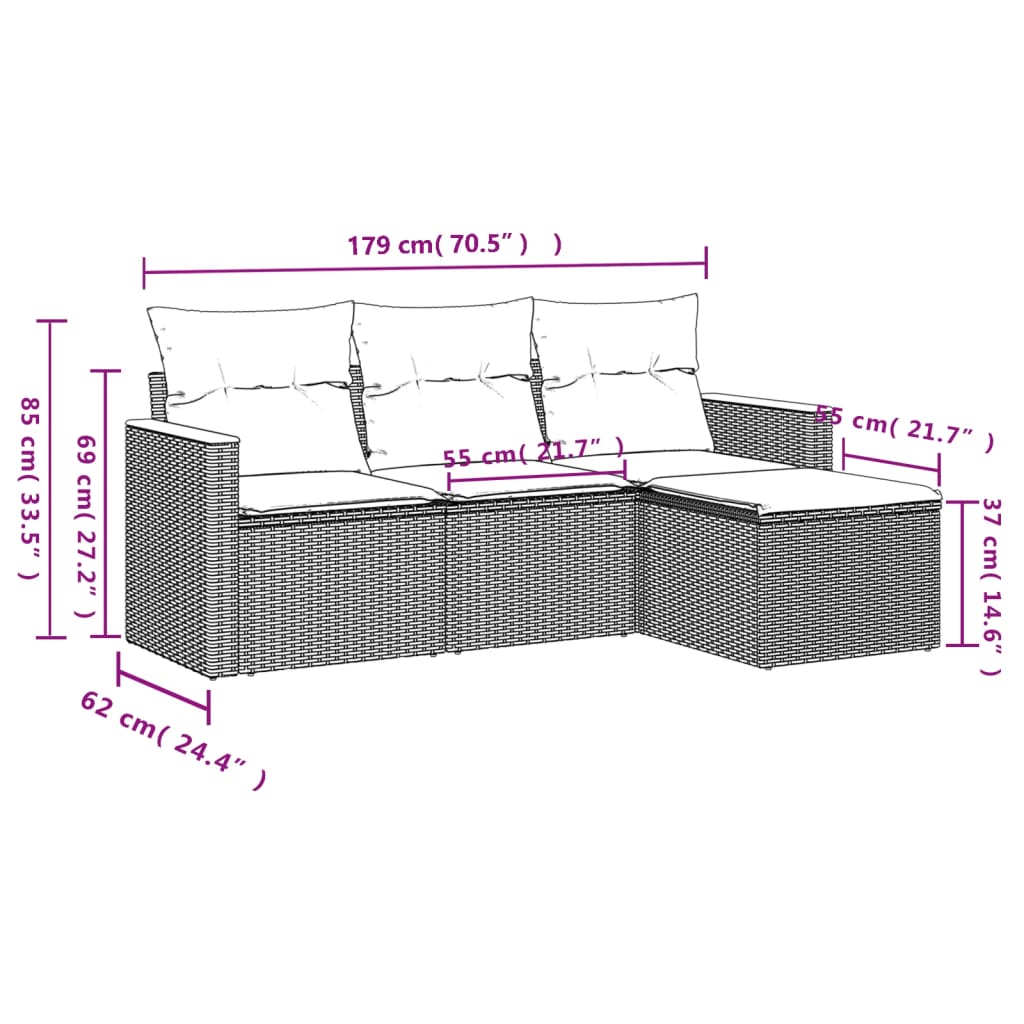 Градински диван с възглавници от 4 части сив полиратан