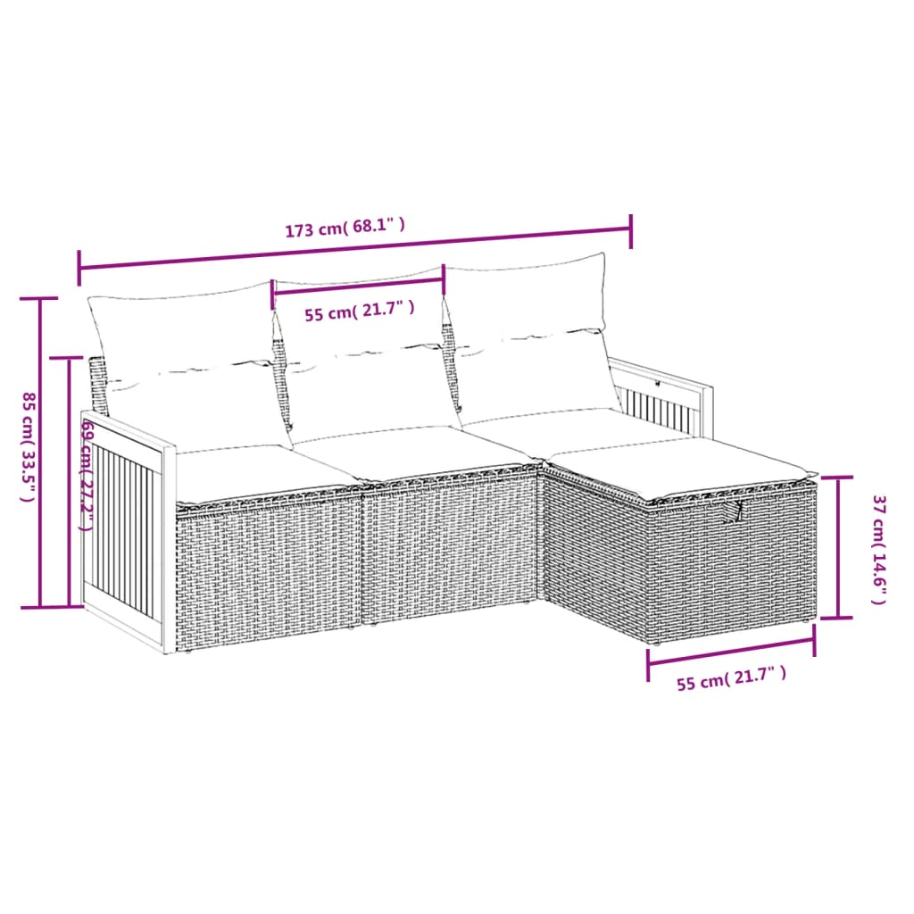Градински диван с възглавници, 4 части, бежов полиратан