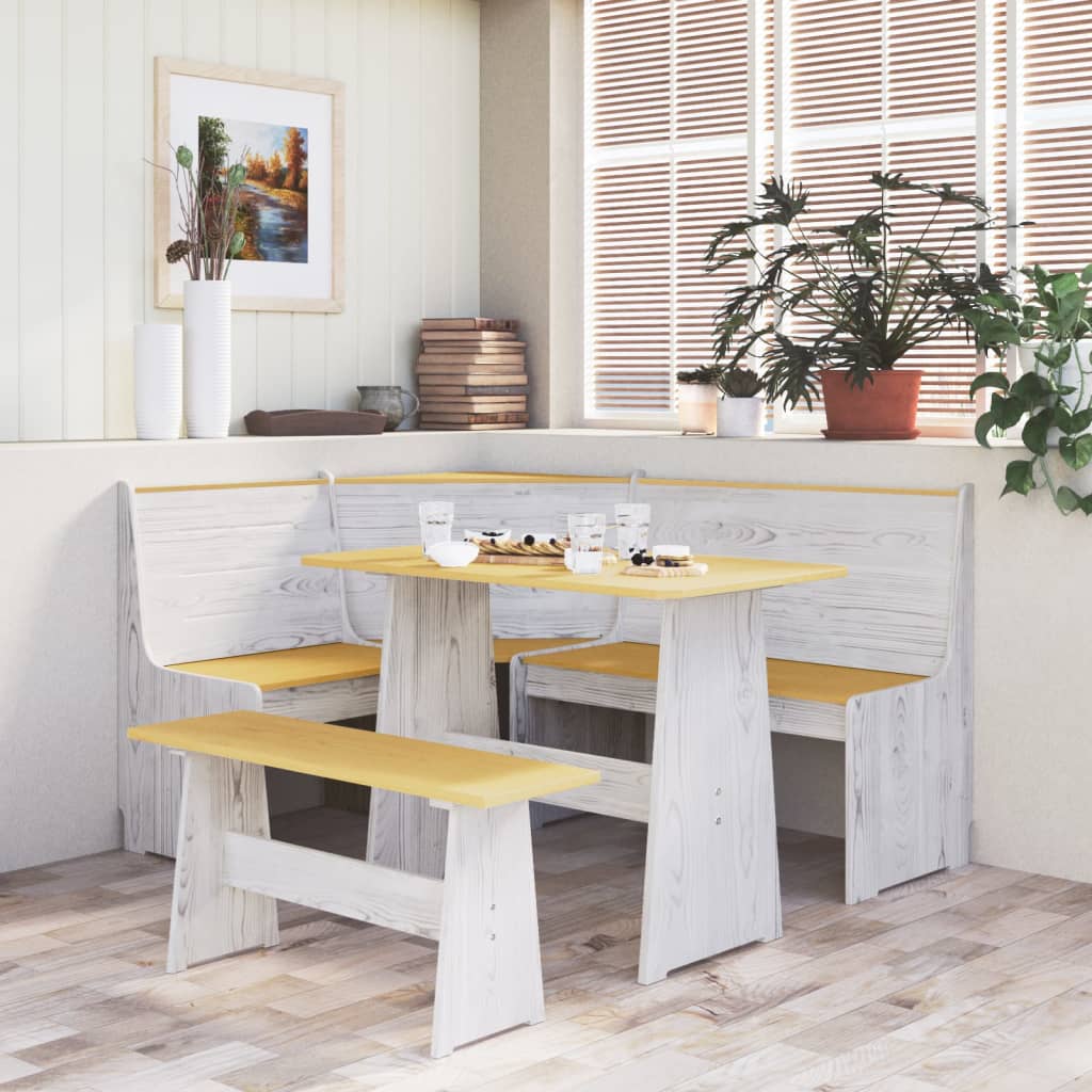 Трапезна маса с пейка, меденокафяво и бяло, борово дърво масив