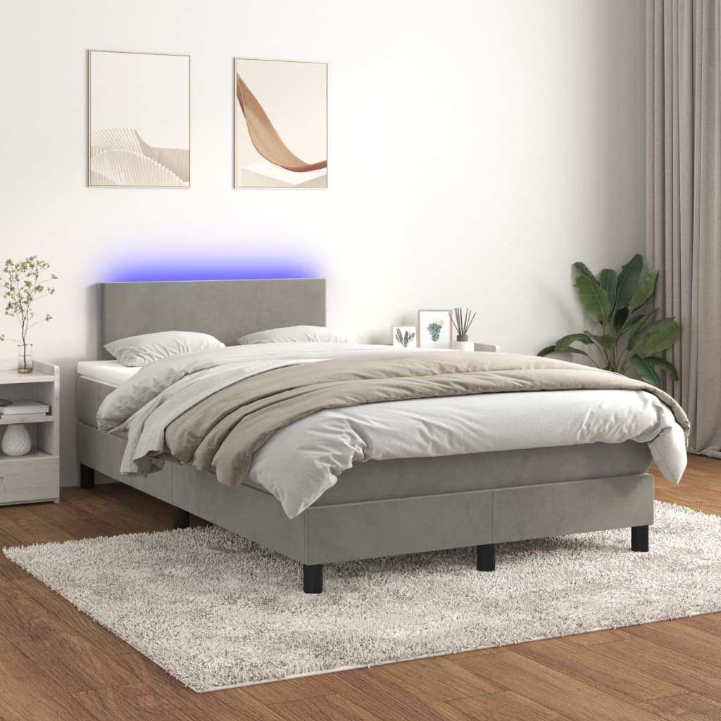 Боксспринг легло с матрак и LED, светлосиво, 120x190 см, кадифе