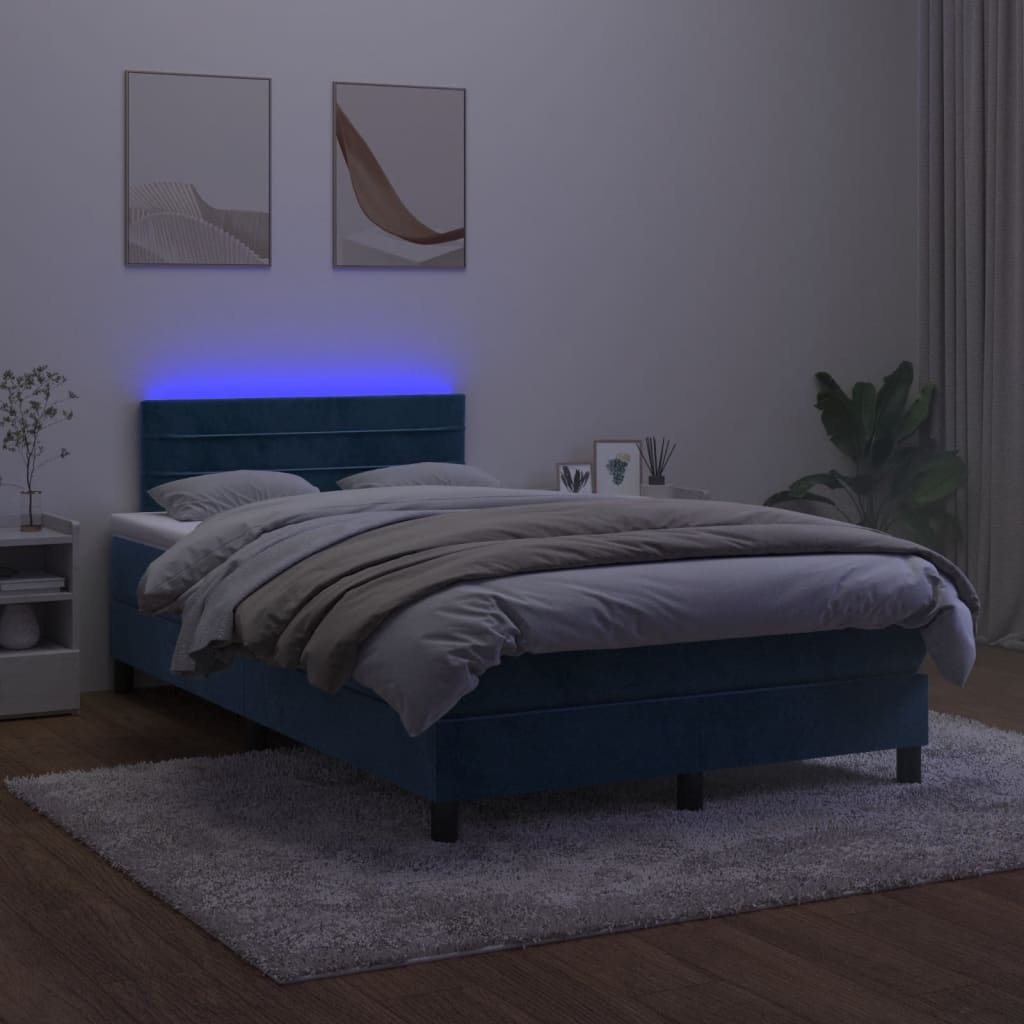 Боксспринг легло с матрак и LED, тъмносиньо, 120x190 см, кадифе