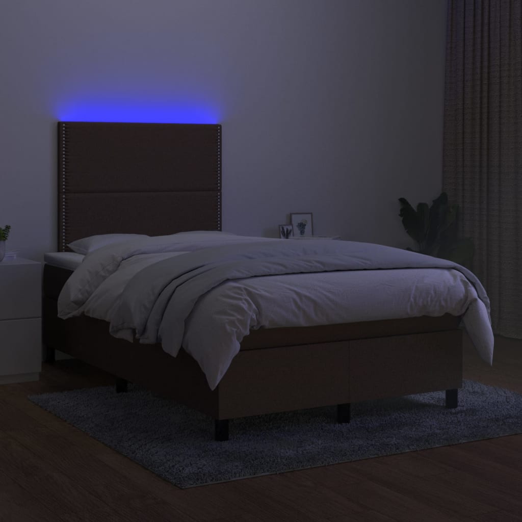 Боксспринг легло с матрак и LED, тъмнокафяво, 120x190 см, плат