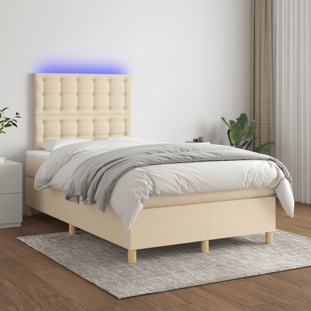 Боксспринг легло с матрак и LED, кремаво, 120x190 см, плат