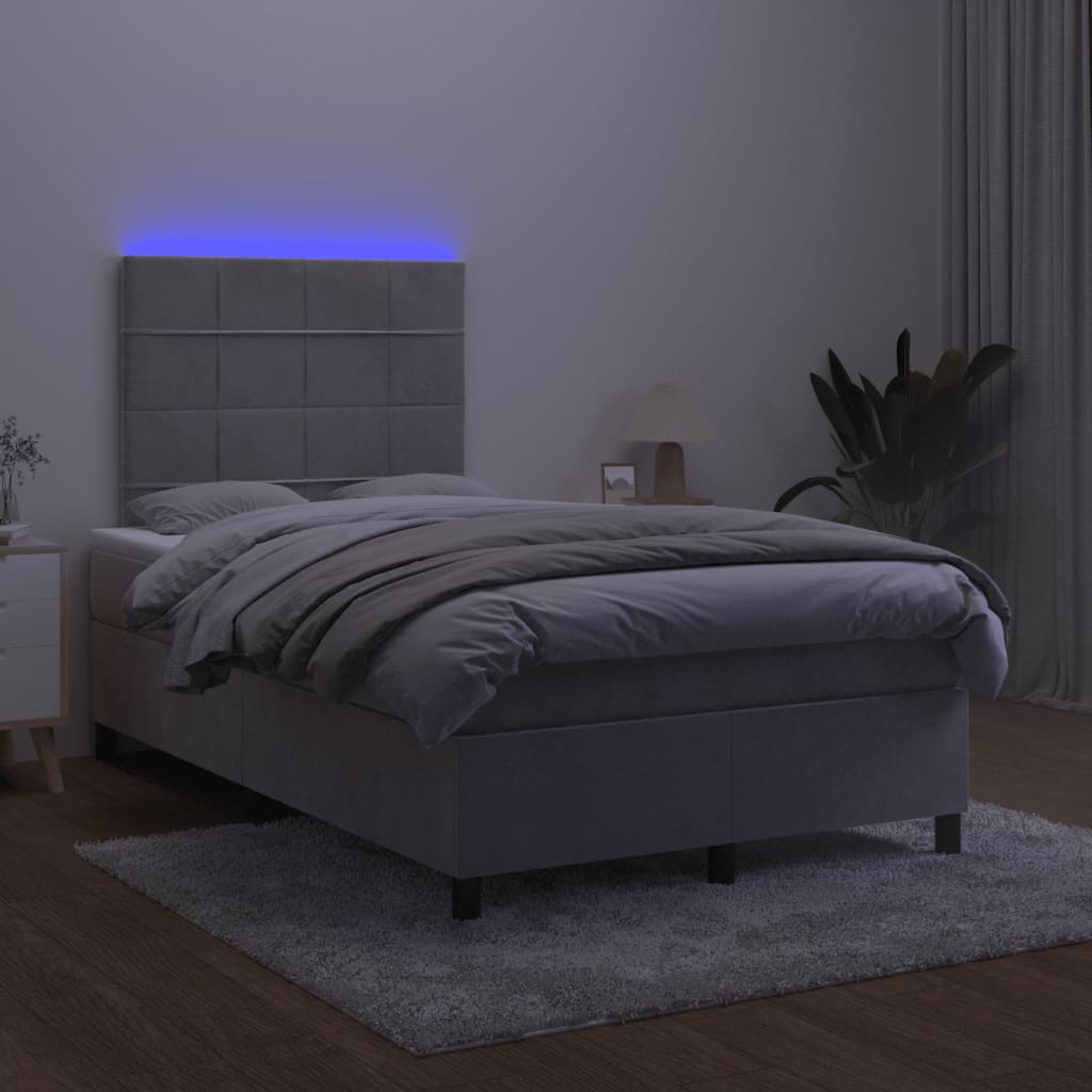 Боксспринг легло с матрак и LED, светлосиво, 120x190 см, кадифе