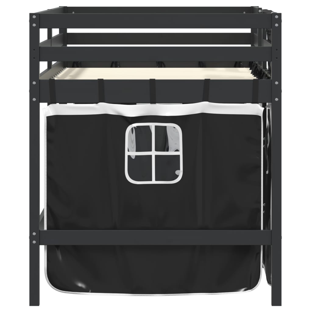 Детско високо легло със завеси бяло и черно 90x190 см бор масив