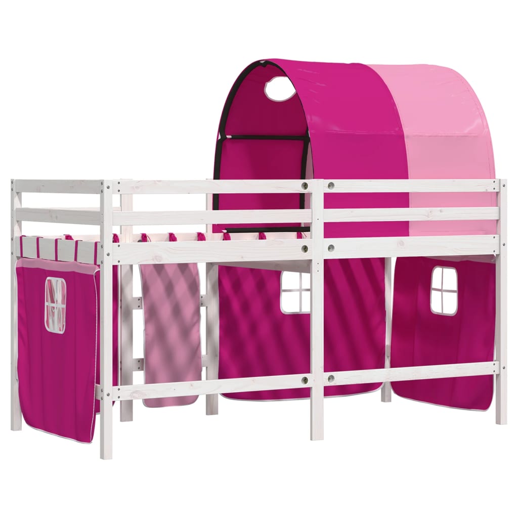 Детско високо легло с тунел, розово, 90x200 см, бор масив
