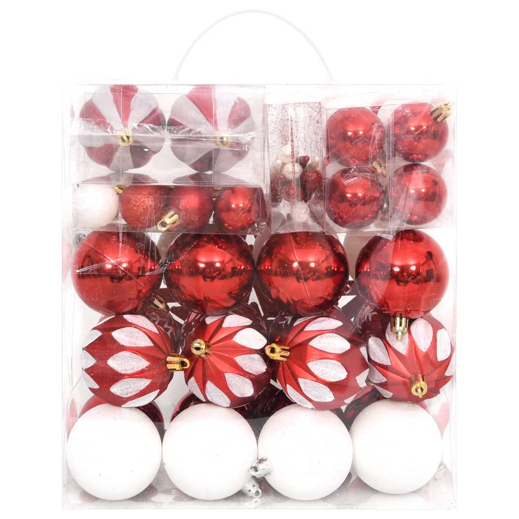Комплект коледни топки от 64 части, червено и бяло