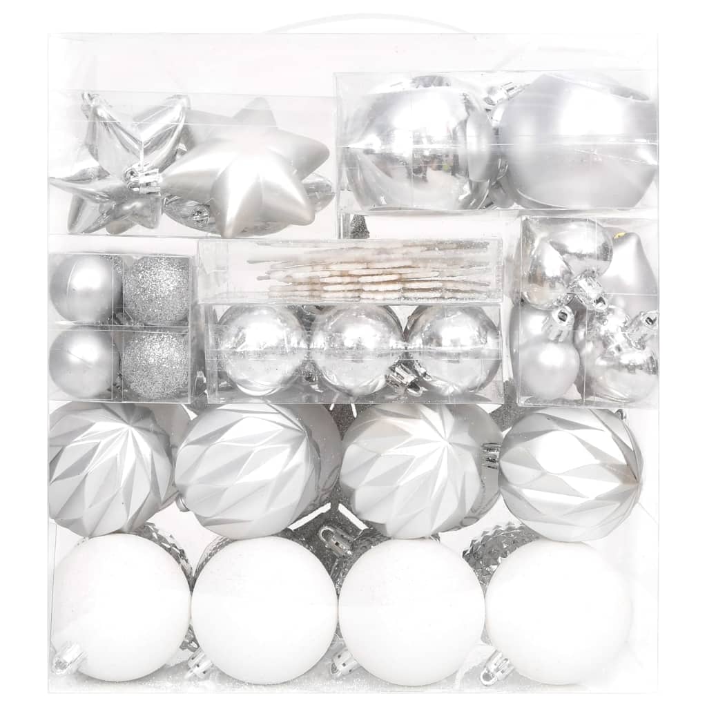 Комплект коледни топки от 70 части, сребристо и бяло