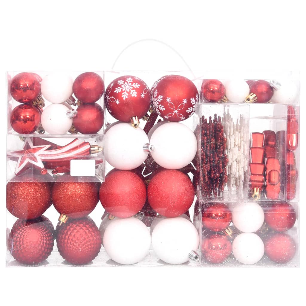 Комплект коледни топки от 108 части, червено и бяло