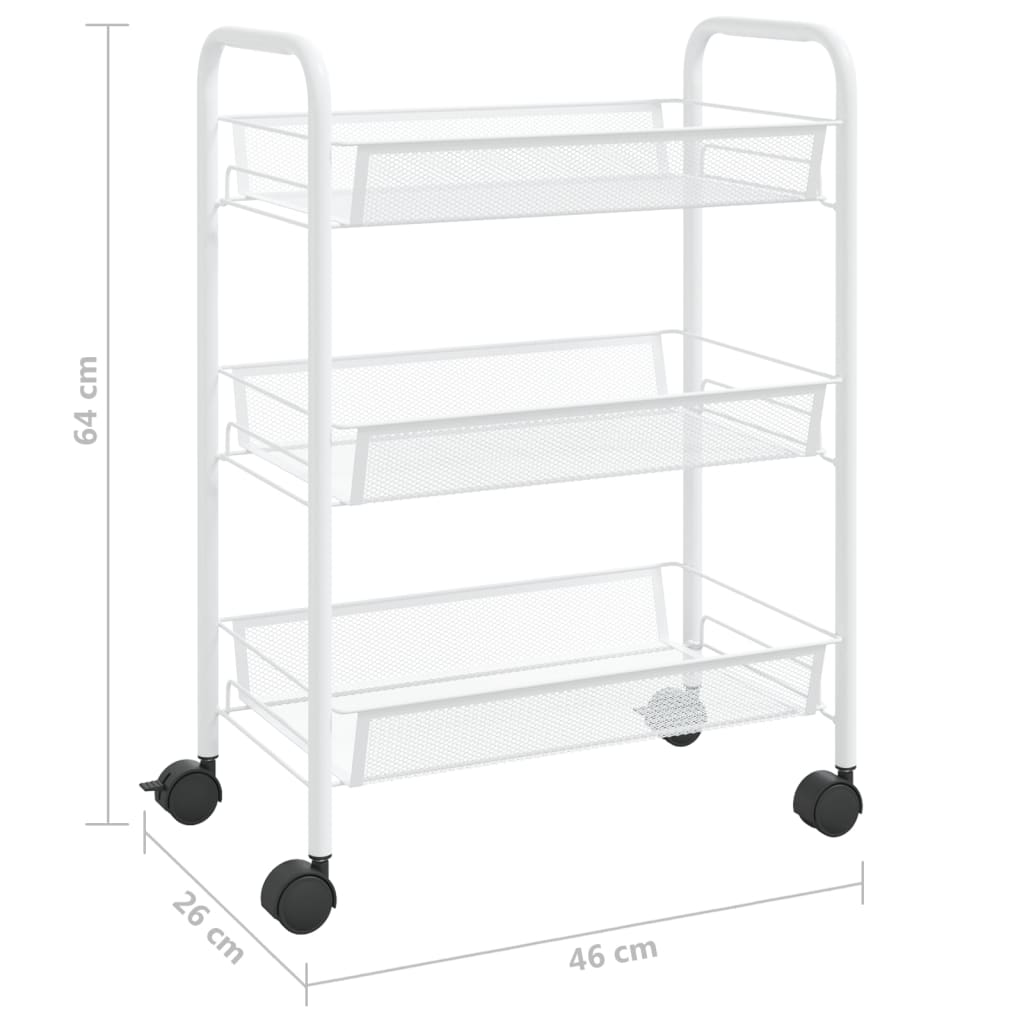 Кухненска количка на 3 нива, бяла, 46x26x64 см, желязо
