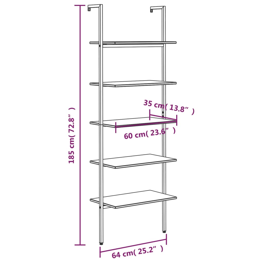 Етажерка стълба с 5 рафта черна 64x35x185 см