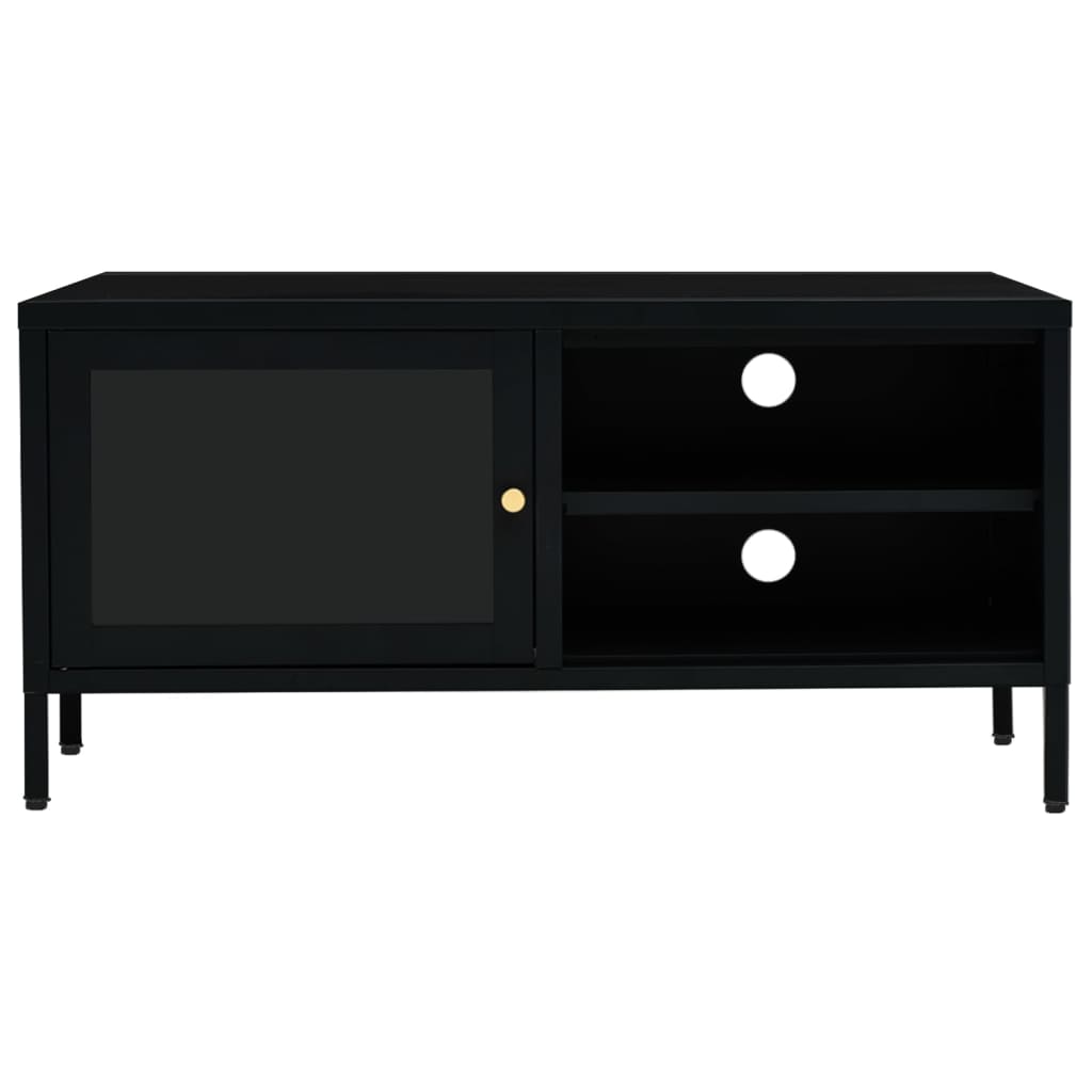 ТВ шкаф, черен, 90x30x44 см, стомана и стъкло