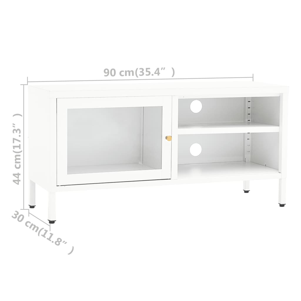 ТВ шкаф, бял, 90x30x44 см, стомана и стъкло
