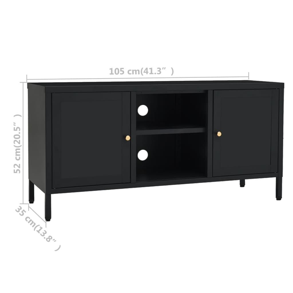 ТВ шкаф, черен, 105x35x52 см, стомана и стъкло