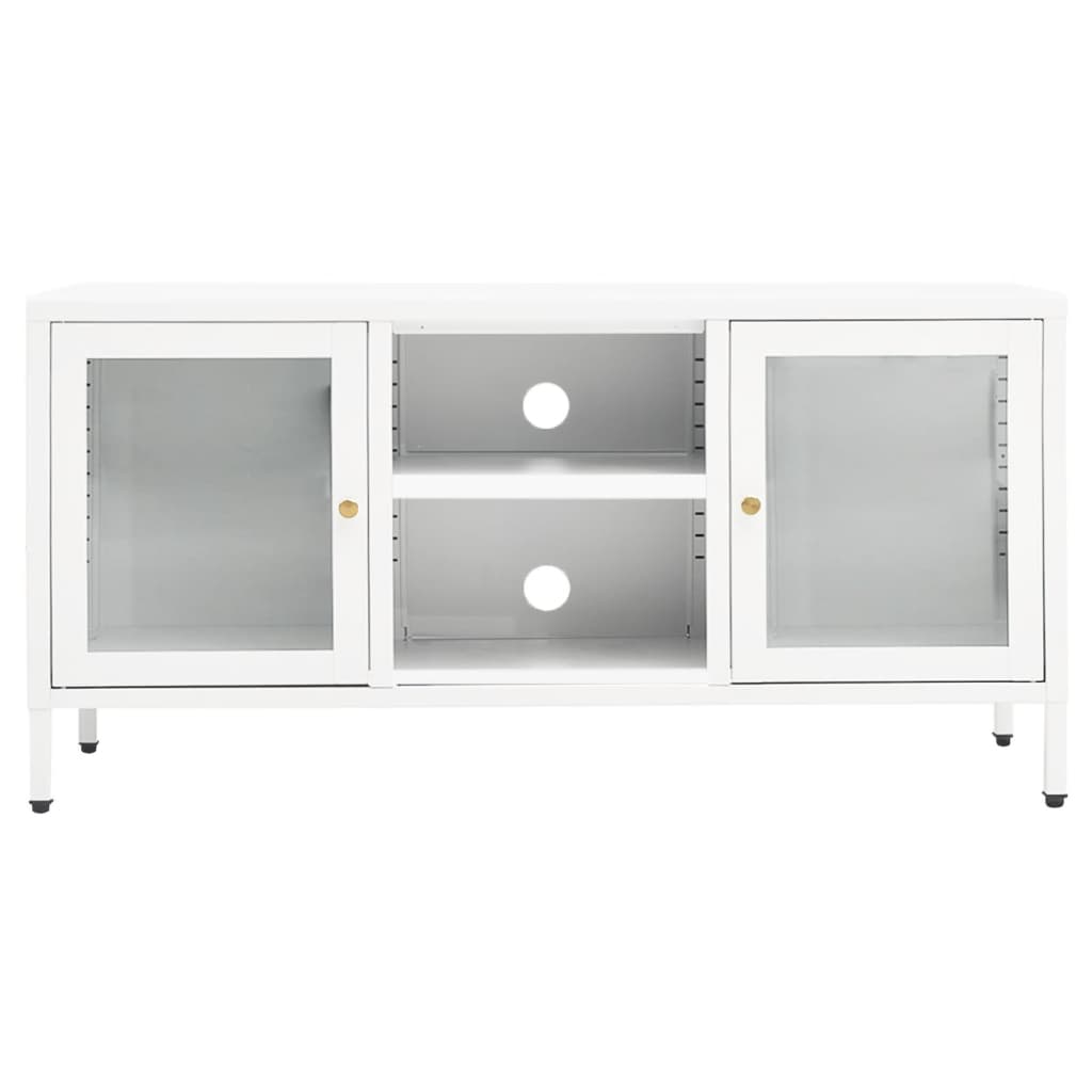 ТВ шкаф, бял, 105x35x52 см, стомана и стъкло