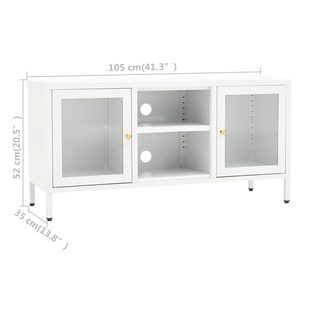 ТВ шкаф, бял, 105x35x52 см, стомана и стъкло