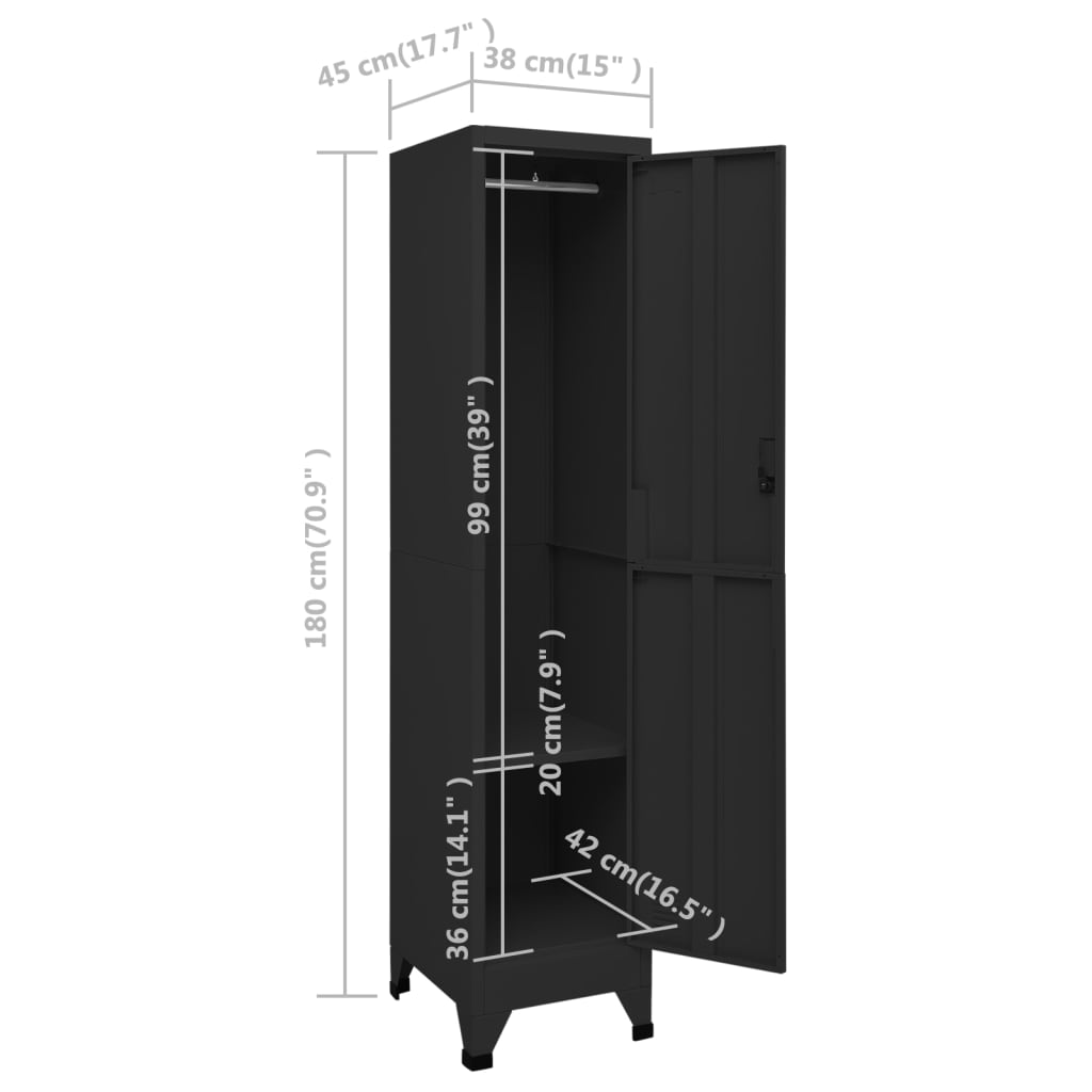 Заключващ се шкаф, черен, 38x45x180 см, стомана