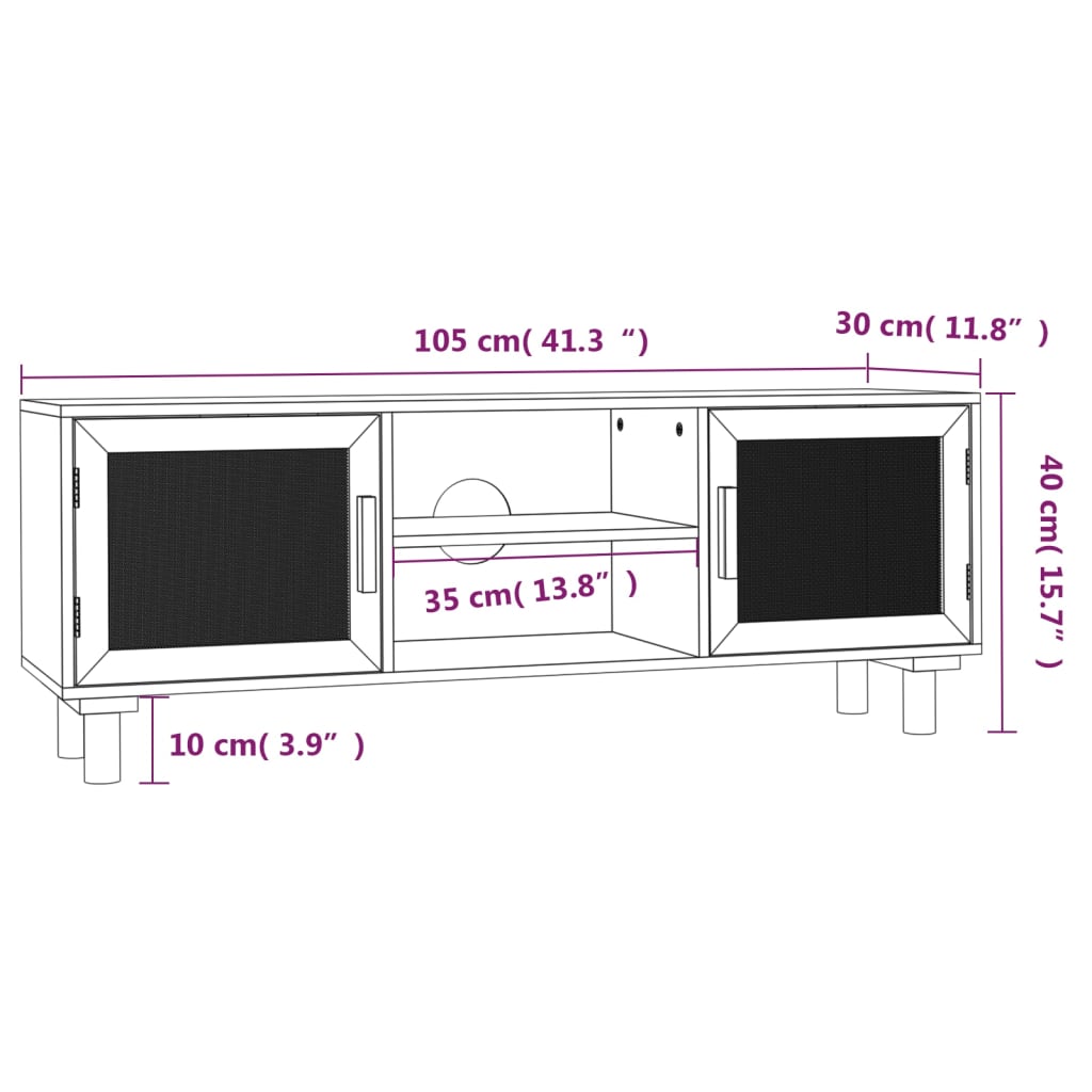 ТВ шкаф, бял, 105x30x40 см, бор масив и естествен ратан