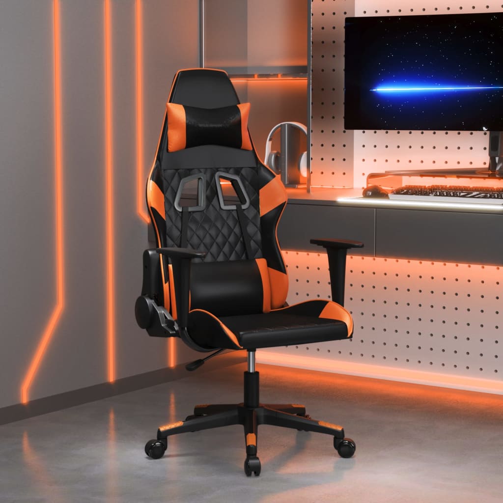 Масажен гейминг стол, черно и оранжево, изкуствена кожа