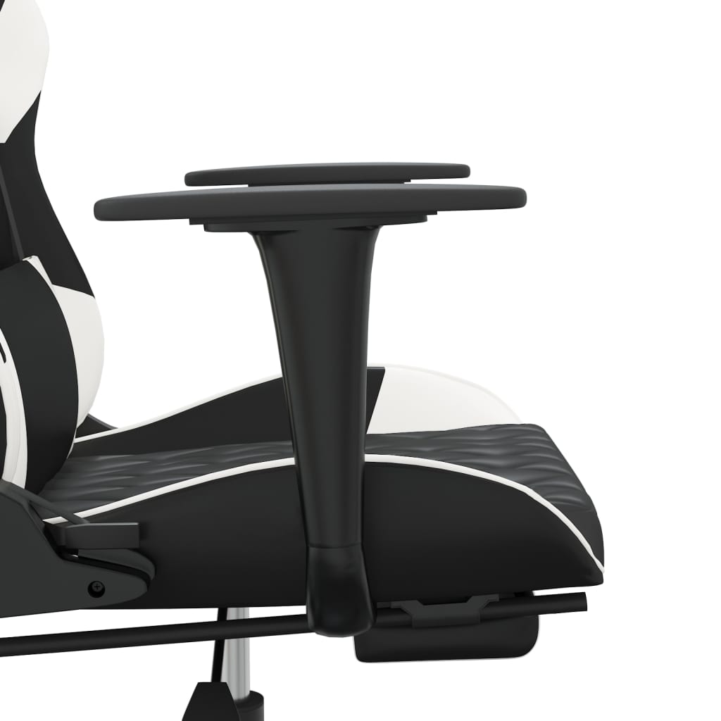 Масажен гейминг стол с опора за крака черно-бял изкуствена кожа