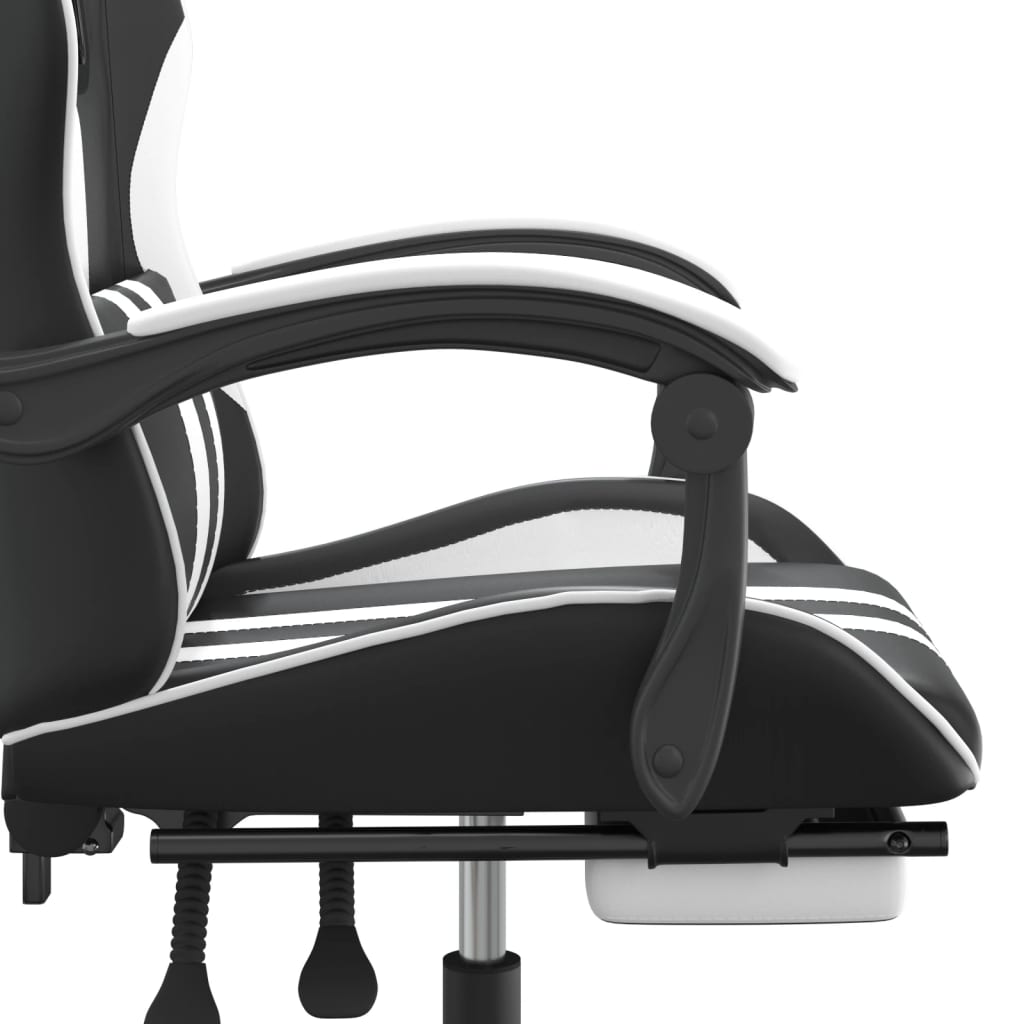 Въртящ гейминг стол с опора за крака черно-бял изкуствена кожа