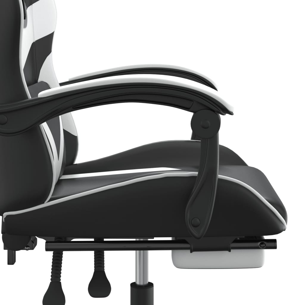 Въртящ гейминг стол с опора за крака черно-бял изкуствена кожа
